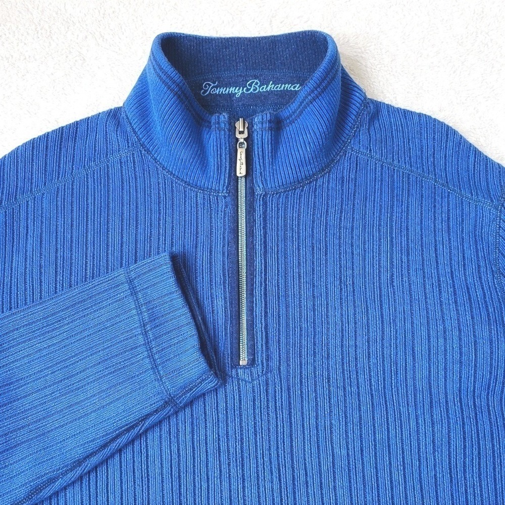 Tommy Bahama 1/4 Zip Sweater Men L Blue Ribbed Knit Embroidered Preppy Office